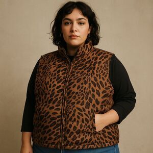 Jane Ashley Leopard Print Puffer Vest 2X Plus Y2K Fall Layering Vintage Trend